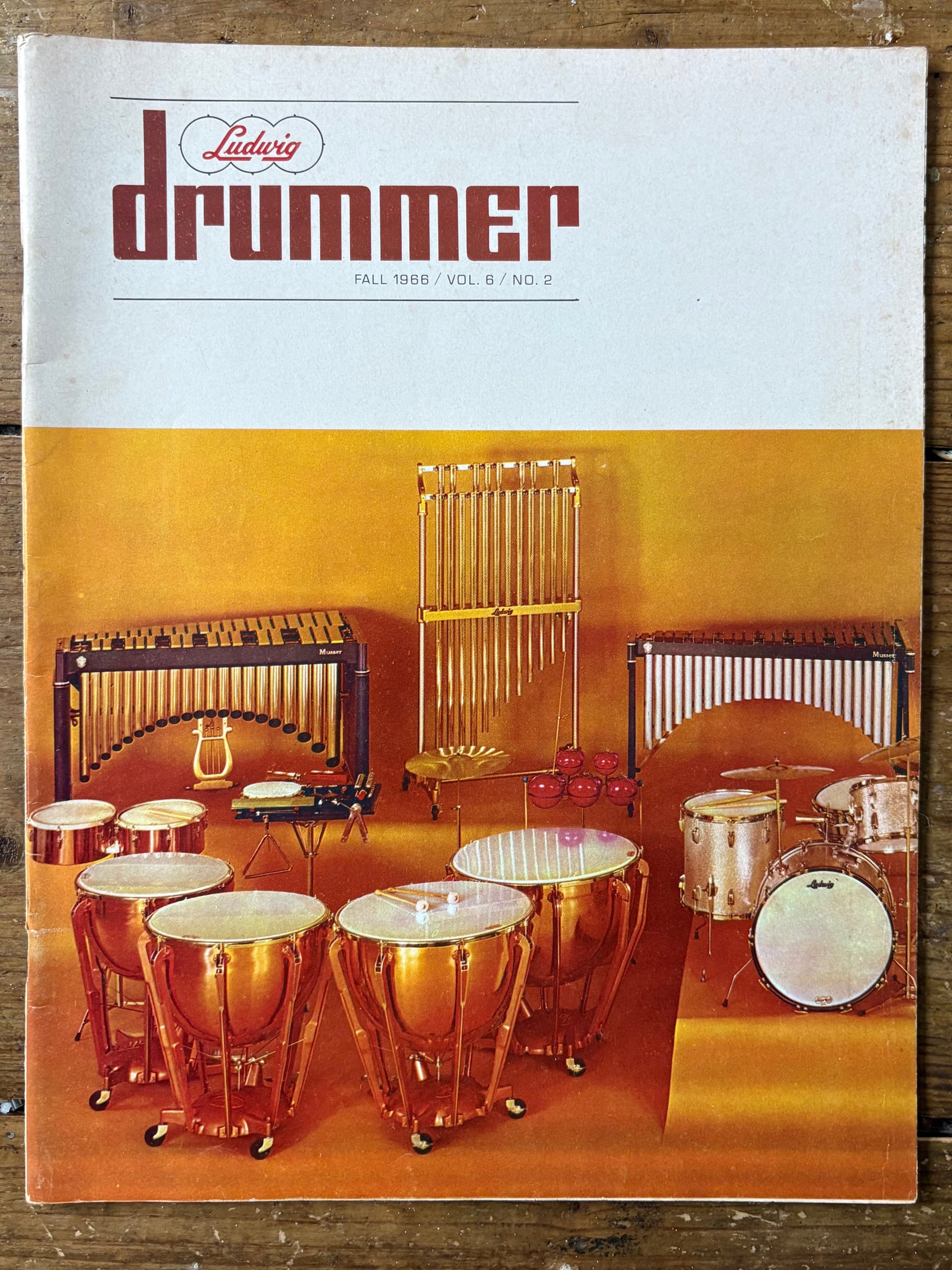 Leedy Drummer catalog on a wooden surface